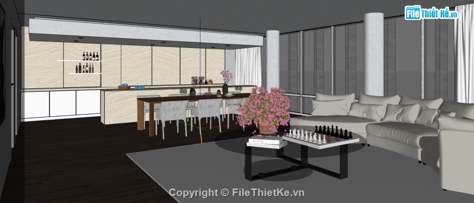 phòng khách bếp dựng model su,file su dựng nội thất phòng khách bếp,sketchup phòng khách bếp