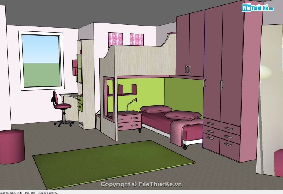 nội thất phòng ngủ,mẫu phòng ngủ,sketchup phòng ngủ bé gái