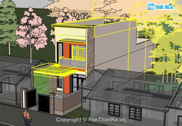 Nhà phố 2 tầng,Model su nhà phố 2 tầng,sketchup nhà phố 2 tầng