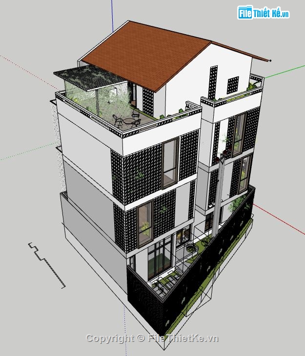 nhà phố 3 tầng 1 tum,nhà phố 2 mặt tiền 8.2x12.1m,model sketchup nhà phố 3 tầng,nhà phố 3 tầng file sketchup