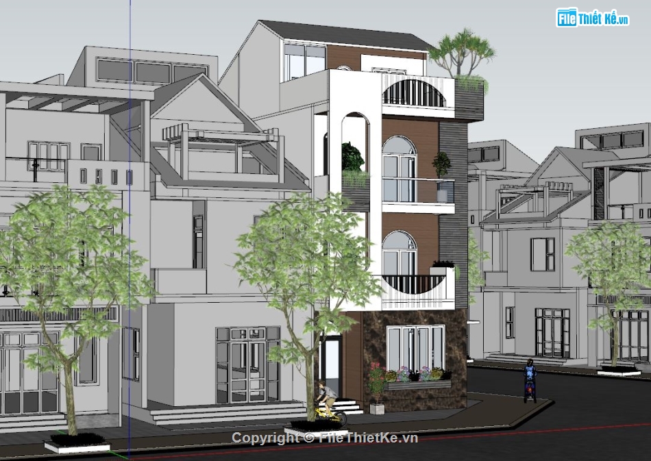 Sketchup nhà phố 3 tầng 1 tum,nhà phố 2 mặt tiền file su,dựng bao cảnh nhà phố 3 tầng