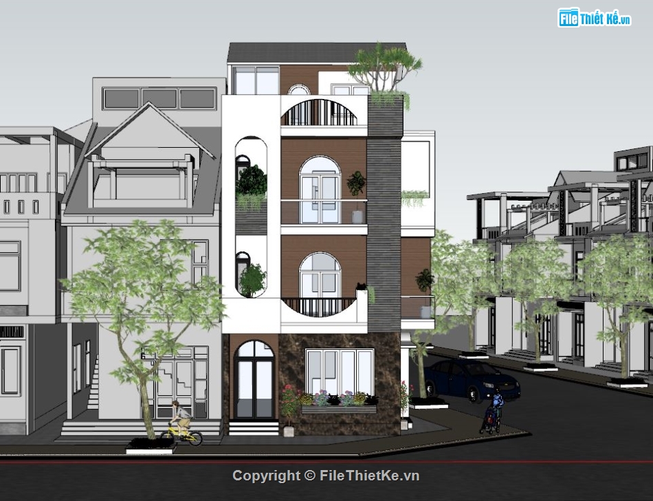 Sketchup nhà phố 3 tầng 1 tum,nhà phố 2 mặt tiền file su,dựng bao cảnh nhà phố 3 tầng