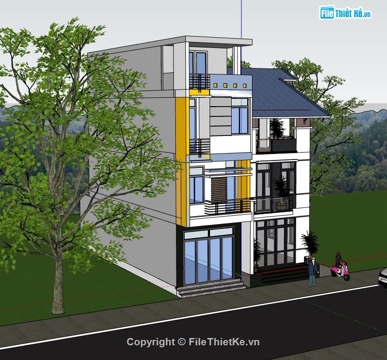 nhà phố 3 tầng,sketchup nhà phố 3 tầng 1 tum,mẫu thiết kế nhà phố 3 tầng