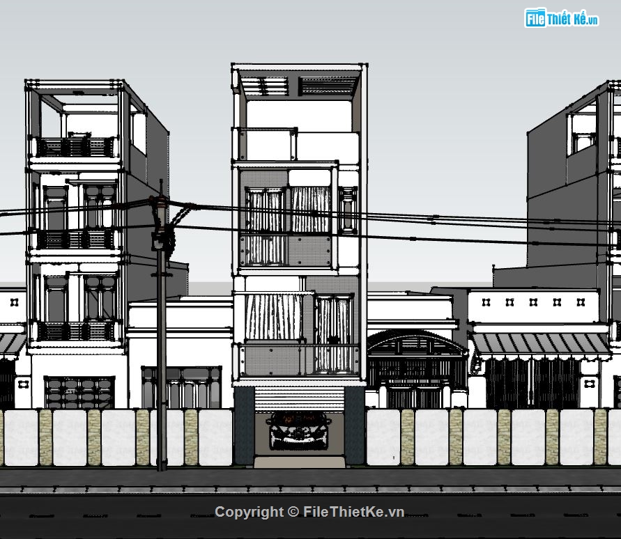 nhà phố 3 tầng,sketchup nhà phố 3 tầng,mẫu nhà phố 3 tầng