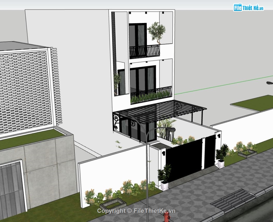 nhà phố 3 tầng,sketchup nhà phố 3 tầng,su nhà phố 3 tầng