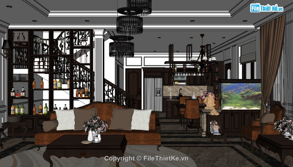 nội thất phòng khách,Sketchup phòng khách bếp,nội thất phòng bếp,phòng khách bếp,model nội thất khách bếp