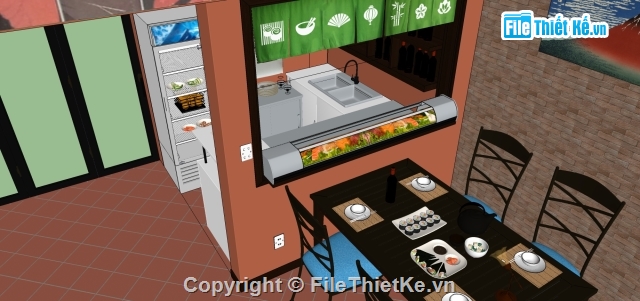 Sketchup nội thất Bar mini,bar shushi nhật bản,Sushi bar Mini Nhật Bản,thiết kế nội thất bar mini