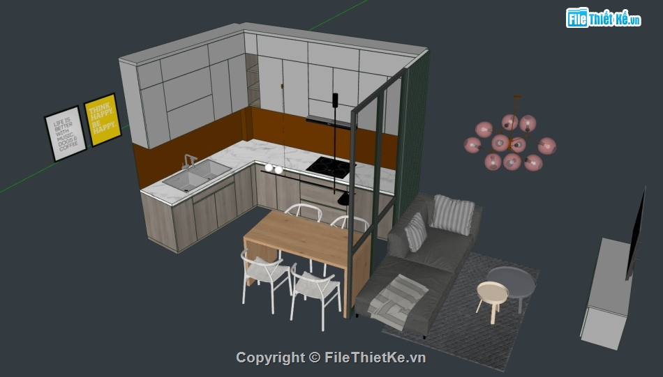 sketchup nội thất khách bếp,file su phòng khách,sketchup nội thất phòng bếp,thiết kế nội thất nhà bếp