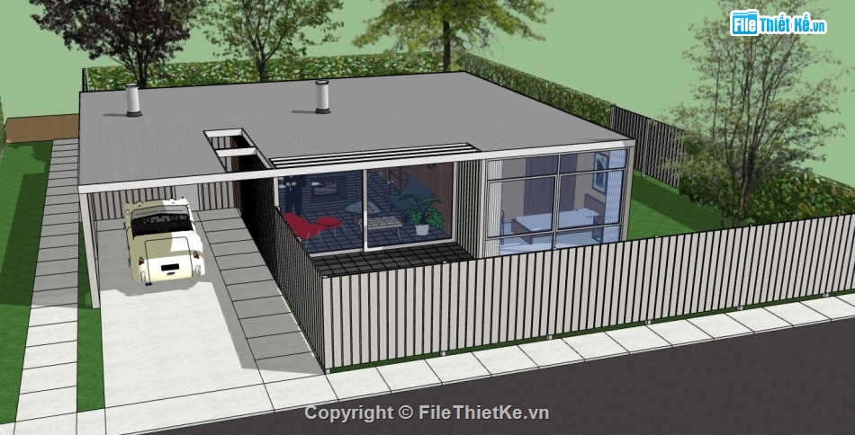 mẫu nhà 1 tầng,mẫu nhà mái bằng 1 tầng,model su nhà mái bằng 1 tầng,file sketchup nhà mái bằng 1 tầng