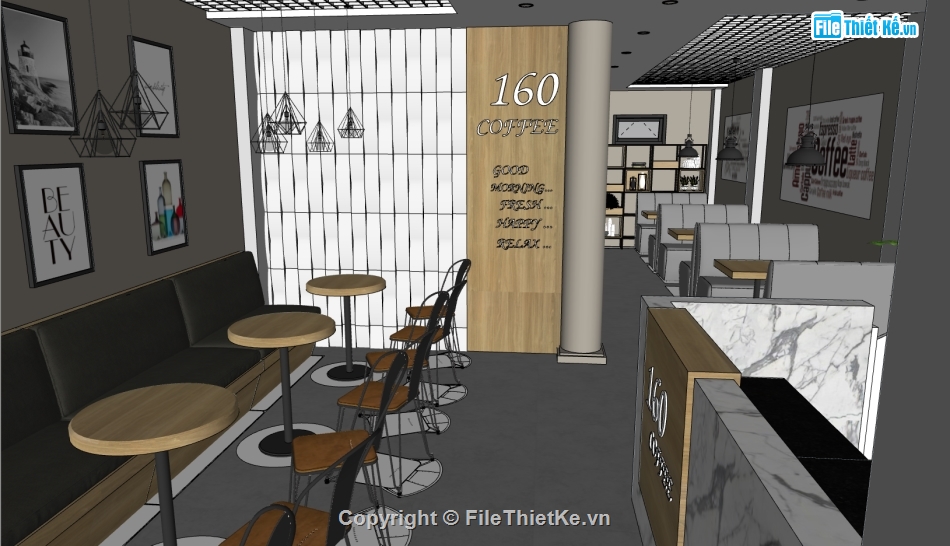 su nội thất quán cafe,phối cảnh quán cà phê,sketchup quán cafe,mẫu cửa hàng quán coffee