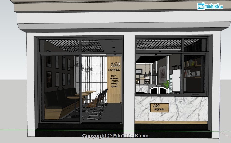 su nội thất quán cafe,phối cảnh quán cà phê,sketchup quán cafe,mẫu cửa hàng quán coffee
