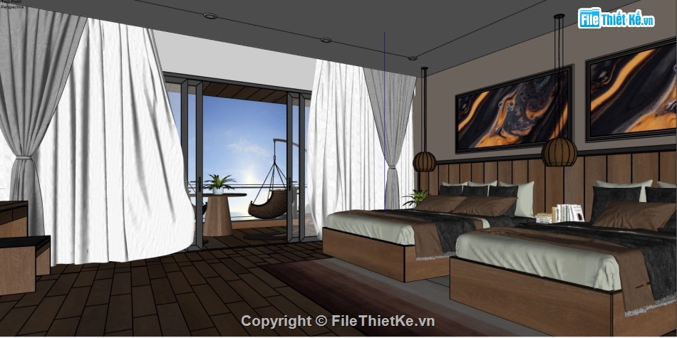 3d sketchup phòng ngủ,3d phòng ngủ,sketchup khách sạn,mẫu phòng ngủ