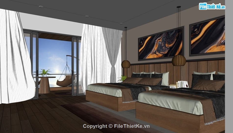 3d sketchup phòng ngủ,3d phòng ngủ,sketchup khách sạn,mẫu phòng ngủ