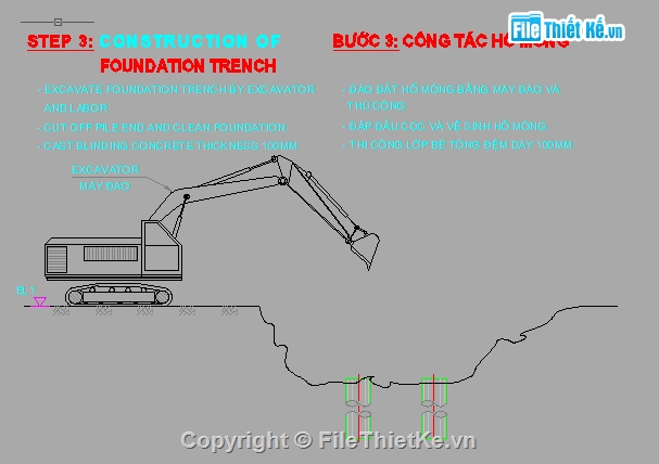 Full,mố,cọc khoan nhồi,thi công,bản vẽ,đào trần