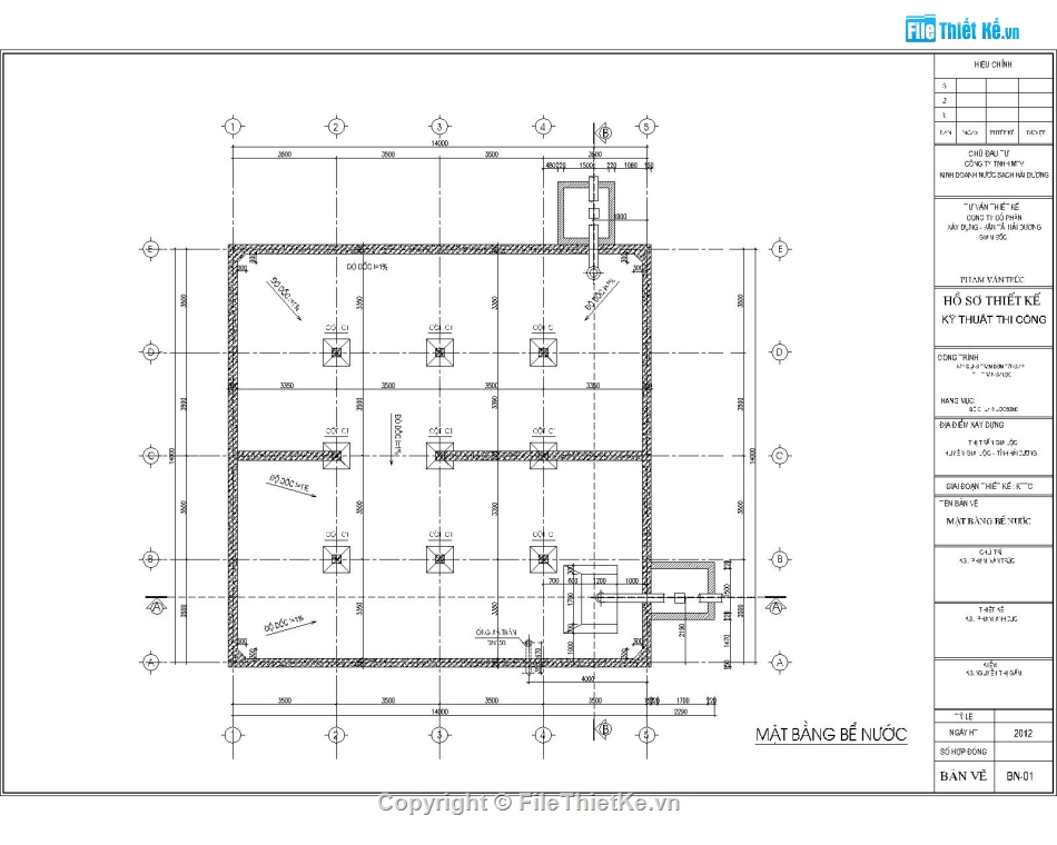Thiết kế bể chứa nước,bể chứa nước 14x14m,Bể nước 500m3,Trạm bơm tăng áp,Bản vẽ bể chứa nước