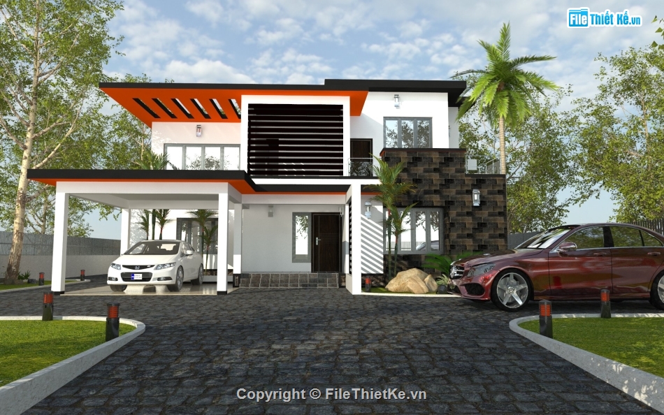 biệt thự hiện đại,biệt thự 2 tầng,file sketchup biệt thự,mẫu biệt thự đẹp 2 tầng