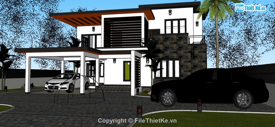 biệt thự hiện đại,biệt thự 2 tầng,file sketchup biệt thự,mẫu biệt thự đẹp 2 tầng