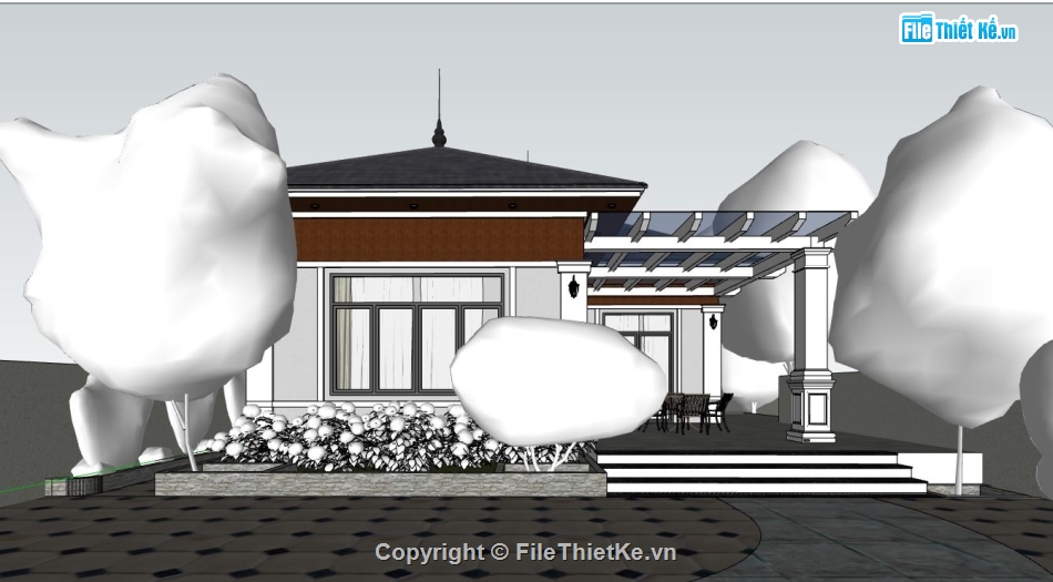 su biệt thự 1 tầng,file sketchup biệt thự 1 tầng,model biệt thự 1 tầng