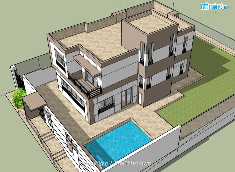 sketchup biệt thự 2 tầng hiện đại,biệt thự 2 tầng,biệt thự sketchup,sketchup biệt thự