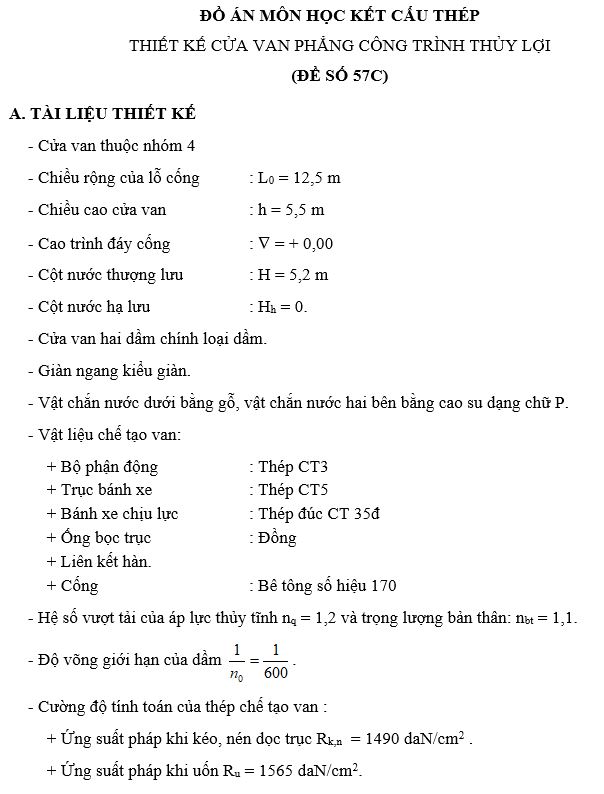 đại học thủy lợi,đồ án môn học,đồ án kết cấu thép,thiết kế cửa van phẳng,đề 57C