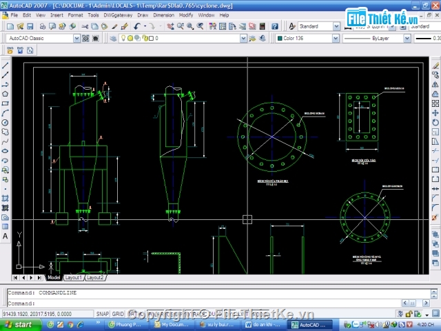 hệ thống xử lý bụi,xiclon,lọc túi vải,bài tính chi tiết,bản vẽ autocad,full autocad