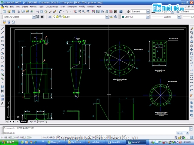 hệ thống xử lý bụi,xiclon,lọc túi vải,bài tính chi tiết,bản vẽ autocad,full autocad