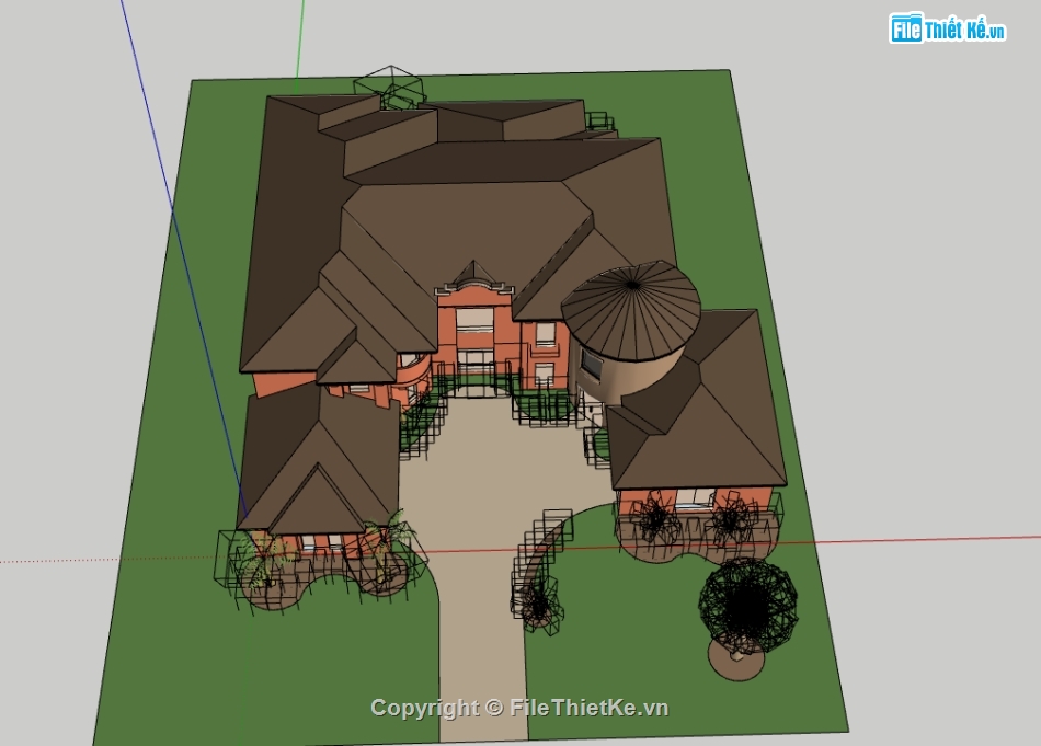 thiết kế biệt thự tân cổ điển,nhà biệt thự 2 tầng file sketchup,dựng ngoại cảnh file su biệt thự tân cổ điển