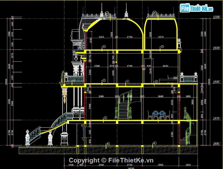 Mặt cắt lâu đài 3 tầng,file cad mặt cắt lâu đài,lâu đài 3 tầng file cad,bản vẽ mặt cắt lâu đài