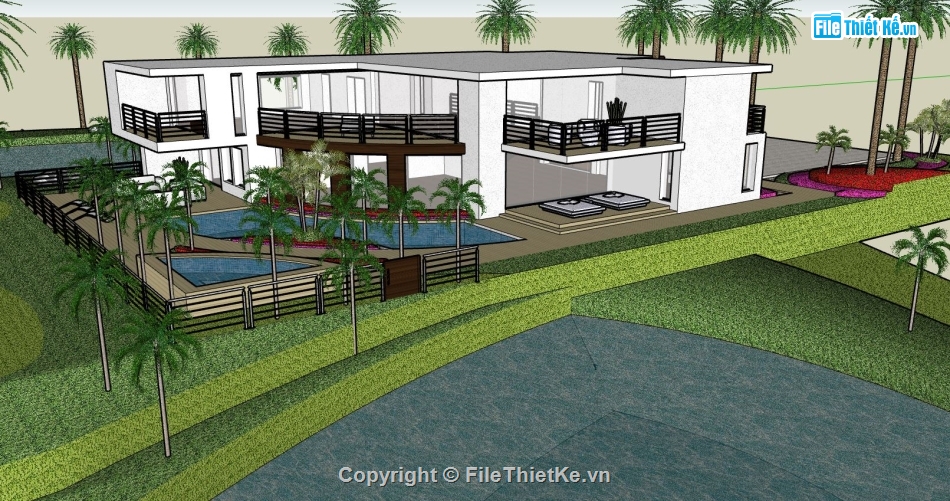 mẫu biệt thự 2 tầng,biệt thự 2 tầng,sketchup biệt thự 2 tầng