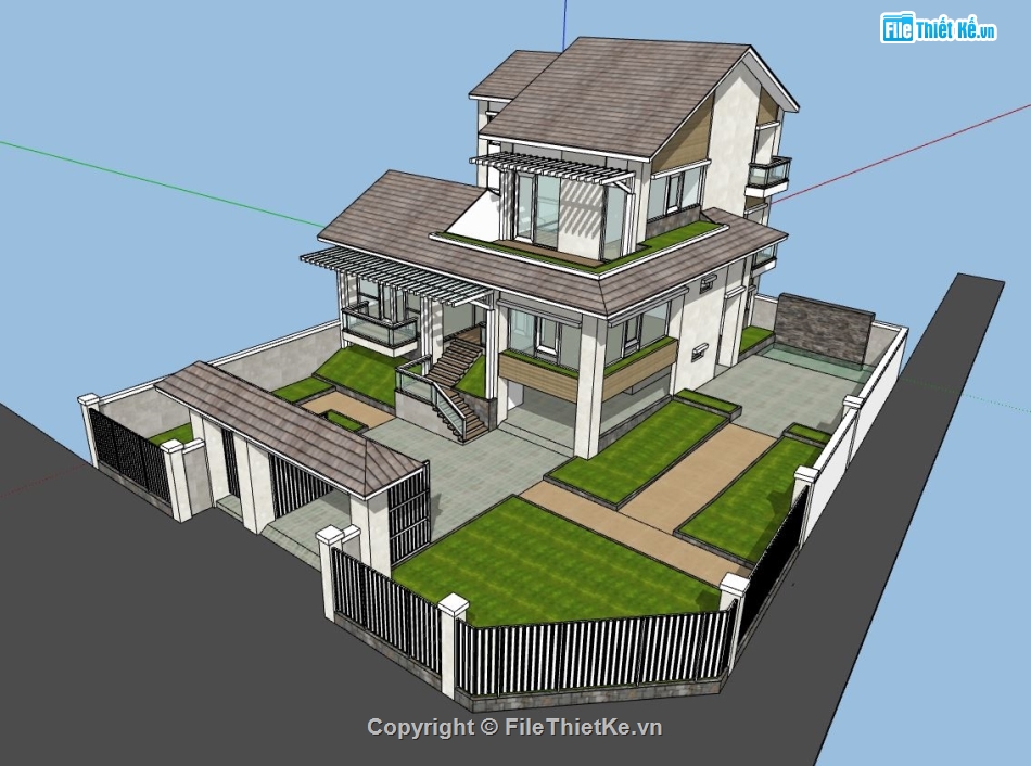 phối cảnh villa model sketchup,mẫu villa 3 tầng su đẹp,villa 3 tầng model su