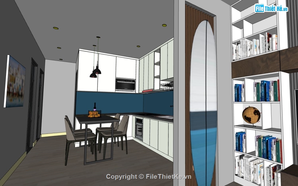 phòng khách bếp file sketchup,nội thất khách bếp sketchup,thiết kế phòng khách hiện đại,phòng bếp sketchup