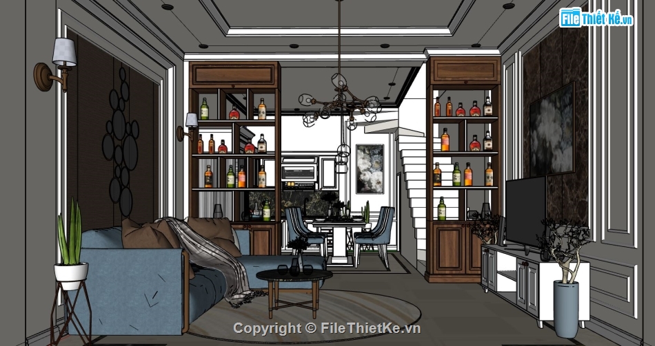 nội thất khách bếp sketchup,phòng khách bếp model su,phòng khách sang trọng,thiết kế nội thất phòng bếp