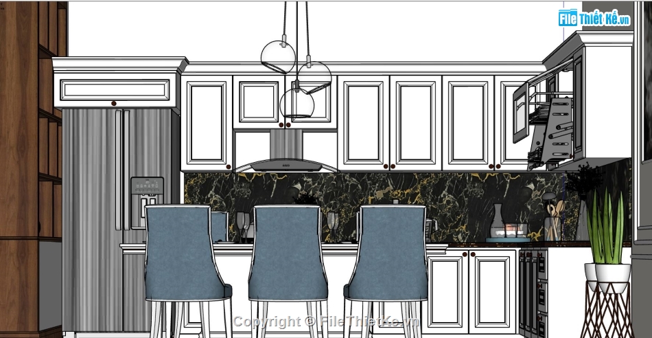 nội thất khách bếp sketchup,phòng khách bếp model su,phòng khách sang trọng,thiết kế nội thất phòng bếp