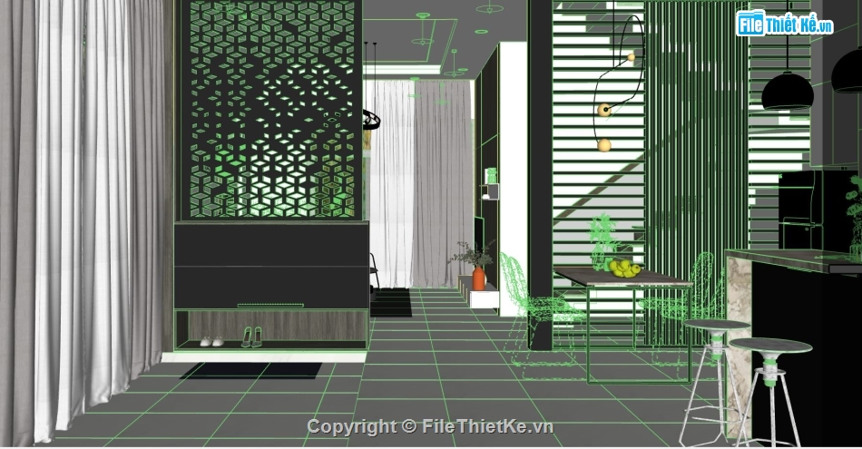 sketchup nội thất khách bếp,nội thất phòng khách bếp,phối cảnh phòng khách,sketchup phòng khách hiện đại