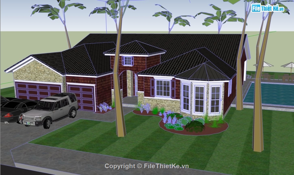 Thiết kế biệt thự 1 tầng,sketchup biệt thự,sketchup biệt thự 1 tầng,model biệt thự