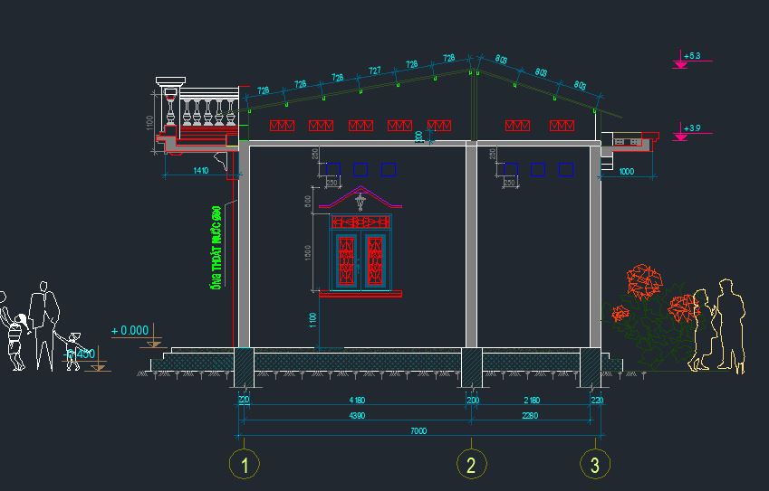 Nhà dân tầng trệt,mẫu nhà 1 tầng,mẫu nhà cấp 4 đẹp,bản vẽ cad nhà 1 tầng,bản vẽ nhà 1 tầng 4.4x7m