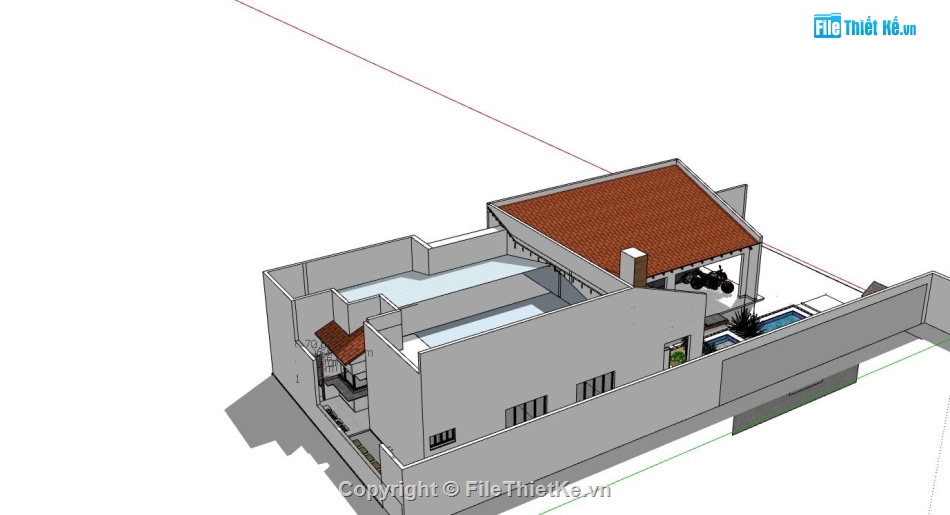 Thiết kế nhà phố,file su nhà phố,sketchup nhà phố 1 tầng,phối cảnh nhà phố 1 tầng