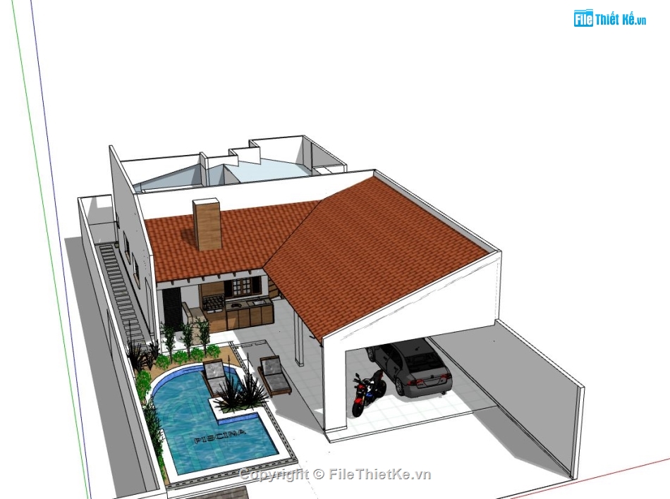 Thiết kế nhà phố,file su nhà phố,sketchup nhà phố 1 tầng,phối cảnh nhà phố 1 tầng