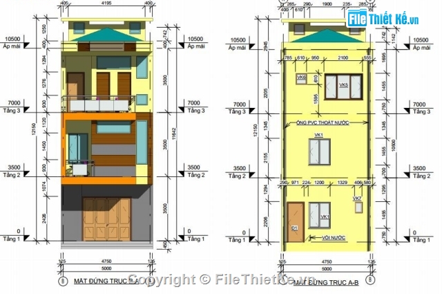 Thiết kế nhà phố 3 tầng gồm Kiến trúc+Kết cấu Diện tích 5x14m