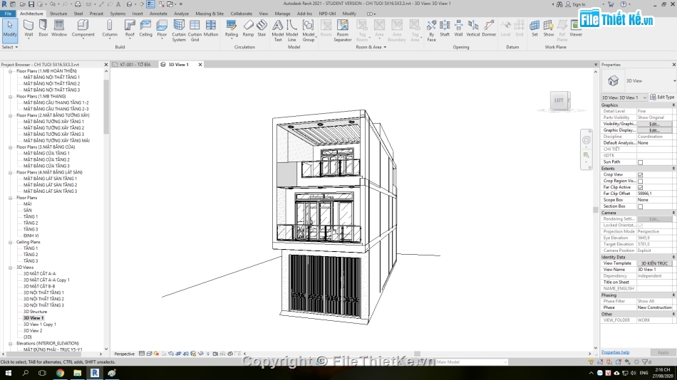 Nhà phố hiện đại 5x16.5m,Bản vẽ nhà phố 3 tầng 5x16m,Mẫu nhà phố 3 tầng,file cad nhà phố 3 tầng