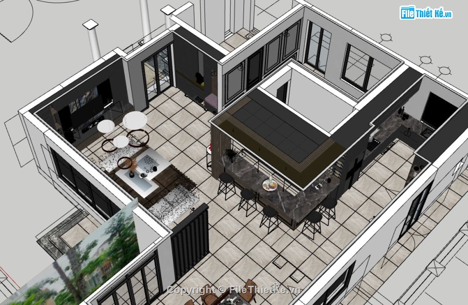 sketchup nội thất khách bếp,3d phòng khách bếp,nội thất phòng khách bếp,file su khách bếp