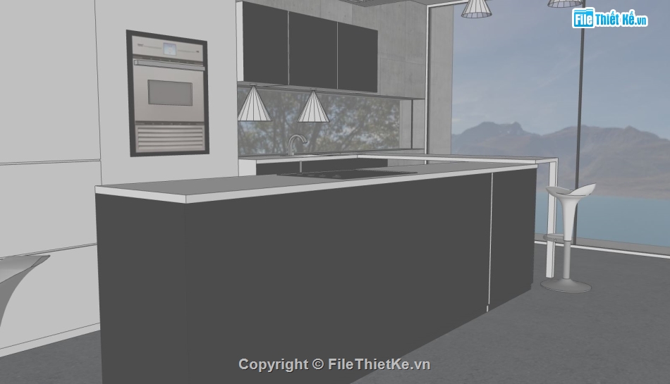 nội thất khách bếp sketchup,Thiết kế nội thất phòng bếp,nội thất khách bếp hiện đại