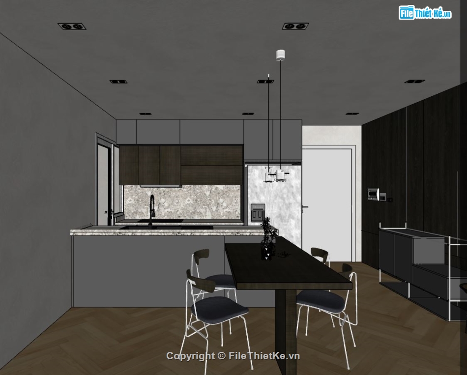 sketchup nội thất bếp,file sketchup nội thất khách bếp,model su nội thất khách bếp