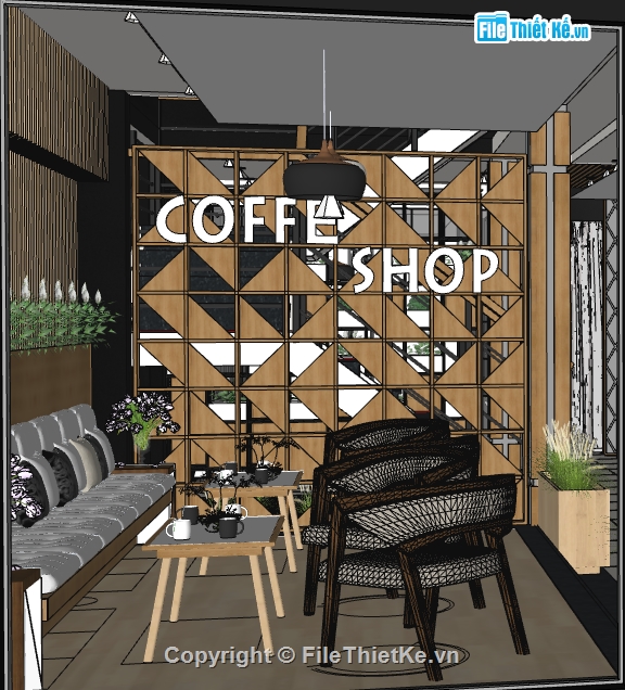 Thiết kế nội thất quán coffee file su,quán coffee sketchup,mẫu sketchup nội thất quán coffee
