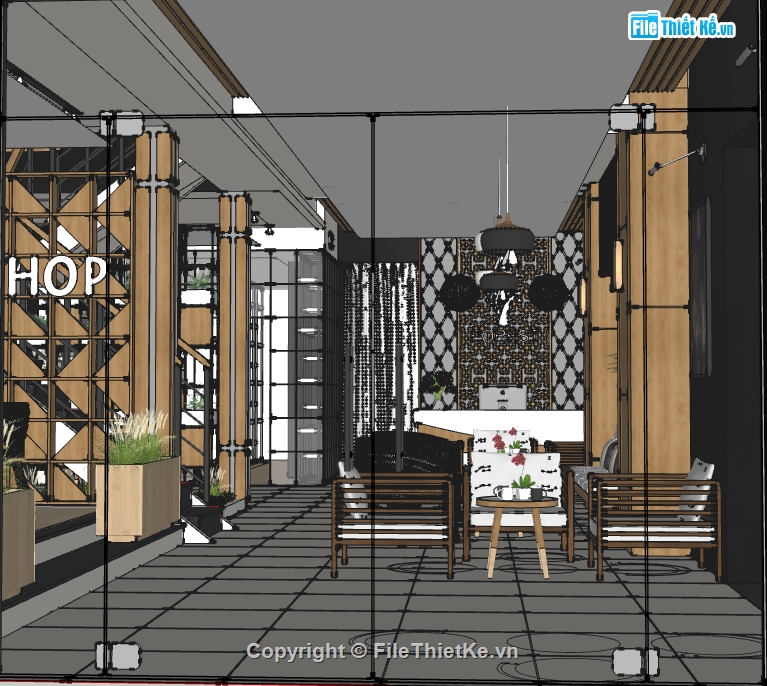 Thiết kế nội thất quán coffee file su,quán coffee sketchup,mẫu sketchup nội thất quán coffee
