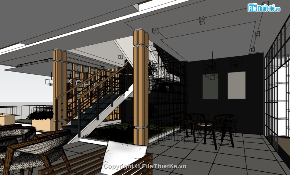 Thiết kế nội thất quán coffee file su,quán coffee sketchup,mẫu sketchup nội thất quán coffee