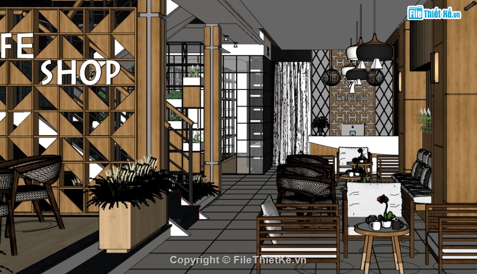 Thiết kế nội thất quán coffee file su,quán coffee sketchup,mẫu sketchup nội thất quán coffee