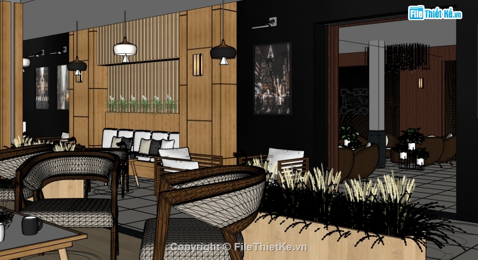 Thiết kế nội thất quán coffee file su,quán coffee sketchup,mẫu sketchup nội thất quán coffee