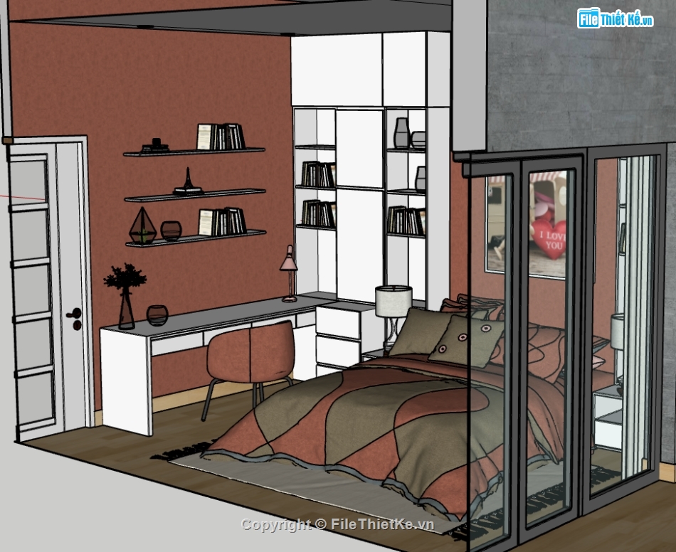 thiết kế phòng ngủ sketchup,phòng ngủ dựng trên sketchup,file sketchup phòng ngủ