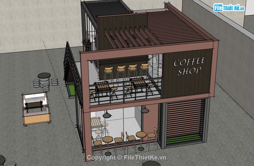 quán cafe file sketchup,quán cafe,sketchup quán cafe,quán cafe 2 tầng